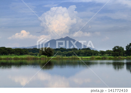 ロマンチック茨城（上昇気流に導かれ巨大な積乱雲が夏の筑波山の空にそびえ立つ。）筑西市、母子島遊水地 141772410