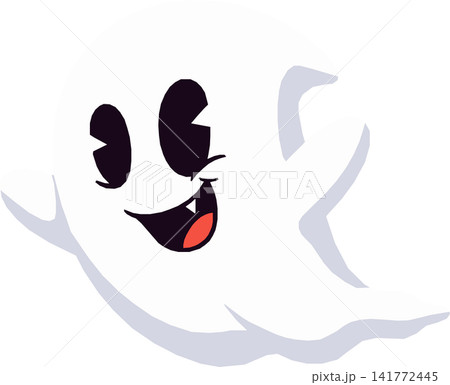 Cute Ghost Illustration in Retro Vintage Cartoon Style, Friendly Smiling White Ghost, Minimalist Spooky Halloween Character Isolated for Autumn Holiday Design Cute Ghost Illustration in Retro Vintage Cartoon Style, Friendly Smiling White Ghost, Minimalist Spooky Halloween Character Isolated for Autumn Holiday Design 141772445