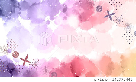 ふんわりにじむ水彩と手描きの花のおしゃれなフレーム背景 ふんわりにじむ水彩と手描きの花のおしゃれなフレーム背景 141772449