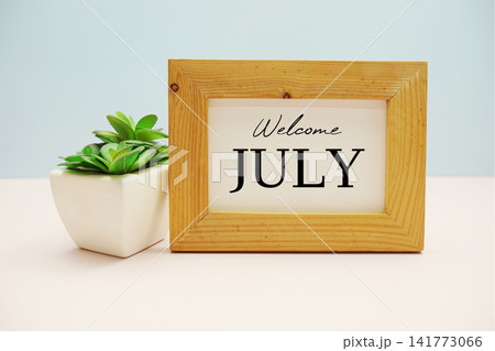 wooden frame with text "WELCOME JULY" and small artificial plant wooden frame with text "WELCOME JULY" and small artificial plant 141773066