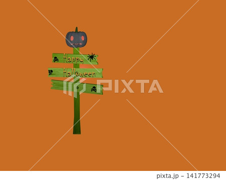 Halloween trick or treat rickety old wooden signpost with carved pumpkin face orange background 141773294