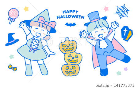 こどものハロウィン仮装イラストセット|全身・コスプレ こどものハロウィン仮装イラストセット|全身・コスプレ 141773373