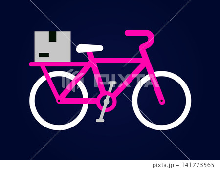 Pink delivery bicycle icon with cargo box on dark background, e commerce 141773565