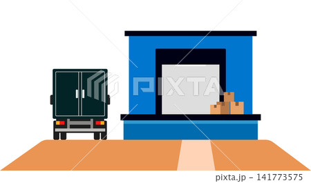Logistics delivery truck at loading bay dock of warehouse facility with delivery Logistics delivery truck at loading bay dock of warehouse facility with delivery 141773575
