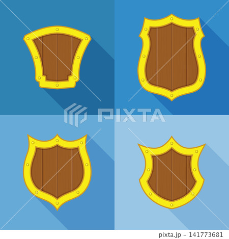Large set of cartoon yellow shields with shadows Large set of cartoon yellow shields with shadows 141773681