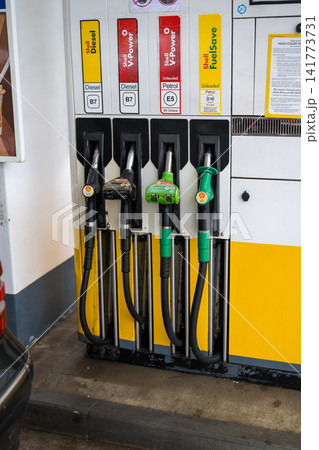 Corby, Northamptonshire, UK - August 2, 2026: fuel pumps offering diesel and petrol at a Shell petrol station in Corby, Northamptonshire, England, UK 141773731