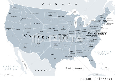 United States mainland, gray political map with capitals. The Contiguous United States, consisting of 48 adjoining U.S. states and the District of Columbia, in North America. Illustration. Vector United States mainland, gray political map with capitals. The Contiguous United States, consisting of 48 adjoining U.S. states and the District of Columbia, in North America. Illustration. Vector 141773854
