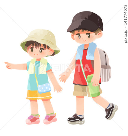 夏のお出かけで帽子を被った子ども達 141774078