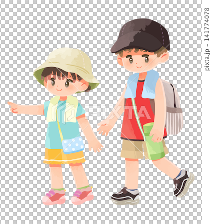 夏のお出かけで帽子を被った子ども達 141774078
