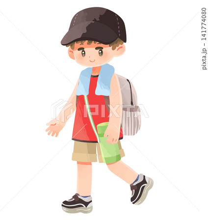 夏のお出かけでリュックサックを背負って歩く男の子 夏のお出かけでリュックサックを背負って歩く男の子 141774080