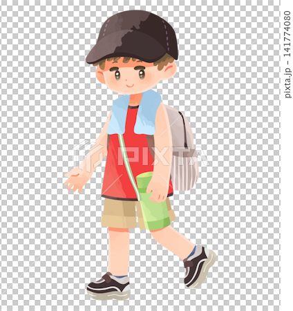夏のお出かけでリュックサックを背負って歩く男の子 夏のお出かけでリュックサックを背負って歩く男の子 141774080