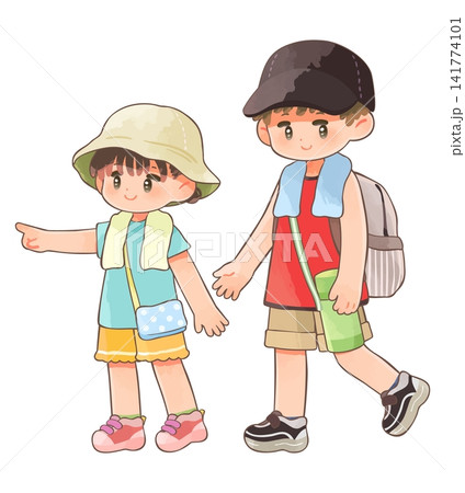 夏のお出かけで帽子を被った子ども達 夏のお出かけで帽子を被った子ども達 141774101