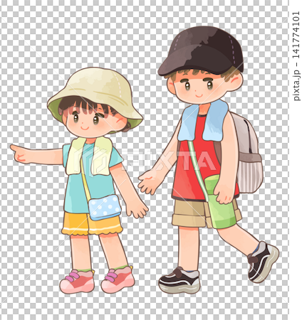夏のお出かけで帽子を被った子ども達 夏のお出かけで帽子を被った子ども達 141774101