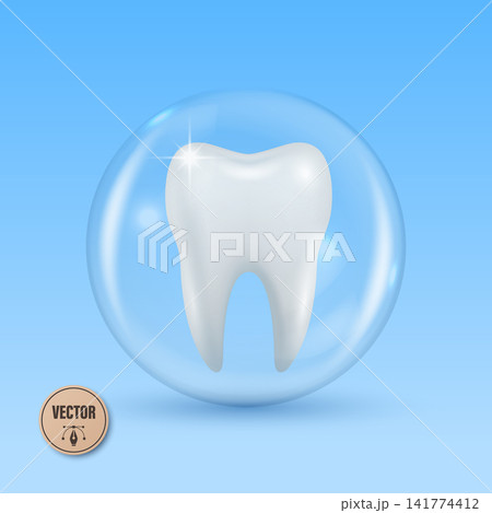 Tooth Protection Concept with White 3d Vector Tooth in Transparent Bubble. Dental Care, Oral Hygiene and Enamel Safety Symbol on Blue Square Background. Medical Vector Illustration Tooth Protection Concept with White 3d Vector Tooth in Transparent Bubble. Dental Care, Oral Hygiene and Enamel Safety Symbol on Blue Square Background. Medical Vector Illustration 141774412
