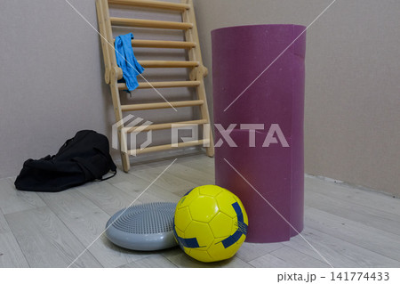 Vibrant Training Setup. Brightly Colored Equipment Arranged For Agility And Coordination Training. Dynamic Training Environment Featuring Yellow Ball And Balance Tools On Light Wooden Flooring Vibrant Training Setup. Brightly Colored Equipment Arranged For Agility And Coordination Training. Dynamic Training Environment Featuring Yellow Ball And Balance Tools On Light Wooden Flooring 141774433