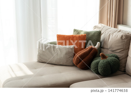 Cozy Autumn Living Room Decor with Textured Cushions and Pumpkin Shaped Pillows Arrangement on Sofa Cozy Autumn Living Room Decor with Textured Cushions and Pumpkin Shaped Pillows Arrangement on Sofa 141774638