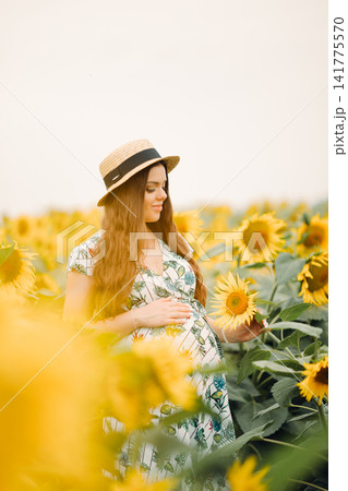 Mother-to-be holding sunflower in blooming countryside field. Pregnant woman embracing peaceful pregnancy and summer lifestyle concept. 141775570