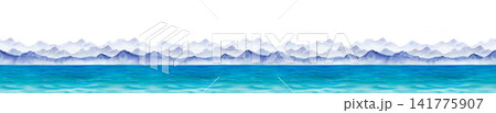 Watercolor panoramic illustration with a seamless repeating coastal design with layers of distant misty mountain ridges above a wide turquoise sea. Isolated. Horizontal seamless border for endless Watercolor panoramic illustration with a seamless repeating coastal design with layers of distant misty mountain ridges above a wide turquoise sea. Isolated. Horizontal seamless border for endless 141775907