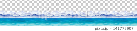 Watercolor panoramic illustration with a seamless repeating coastal design with layers of distant misty mountain ridges above a wide turquoise sea. Isolated. Horizontal seamless border for endless Watercolor panoramic illustration with a seamless repeating coastal design with layers of distant misty mountain ridges above a wide turquoise sea. Isolated. Horizontal seamless border for endless 141775907