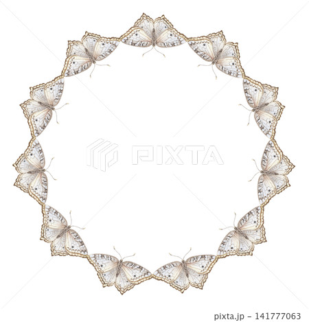 Anartia amathea butterfly circle wreath. Hand drawn watercolor White Peacock insect with flying wings around round copy space. Decorative design for wedding greeting card. Tropical botanical template. 141777063
