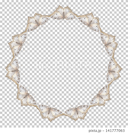 Anartia amathea butterfly circle wreath. Hand drawn watercolor White Peacock insect with flying wings around round copy space. Decorative design for wedding greeting card. Tropical botanical template. 141777063