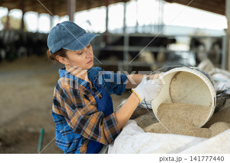 Woman in overalls pours dry feed for cows into a bucket. Work on farm Woman in overalls pours dry feed for cows into a bucket. Work on farm 141777440