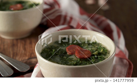 Traditional Portuguese Caldo Verde Soup with Chourico 141777959