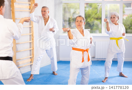 During kata karate training, senior students repeat techniques and defense after professional coach During kata karate training, senior students repeat techniques and defense after professional coach 141778120