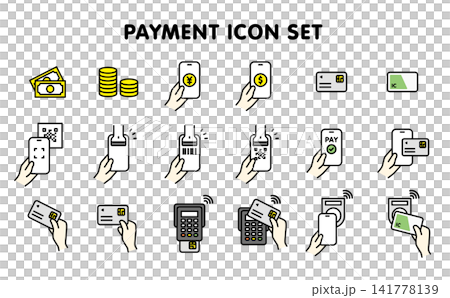 Payment icon set (cash, credit card, e-money, QR code payment) - Color 141778139