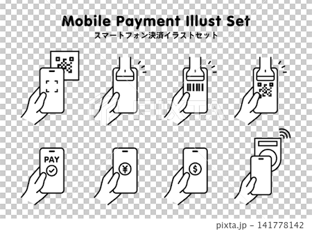 スマホ決済・モバイル決済イラストセット モノクロ スマホ決済・モバイル決済イラストセット モノクロ 141778142