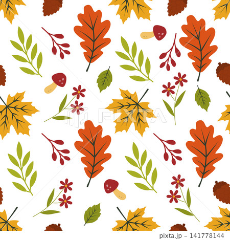 Autumn seamless pattern with oak leaves maple leaves berries mushrooms pine cones and botanical elements Autumn seamless pattern with oak leaves maple leaves berries mushrooms pine cones and botanical elements 141778144