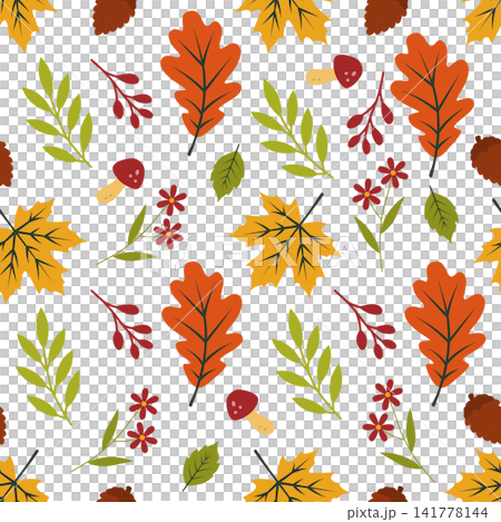 Autumn seamless pattern with oak leaves maple leaves berries mushrooms pine cones and botanical elements Autumn seamless pattern with oak leaves maple leaves berries mushrooms pine cones and botanical elements 141778144