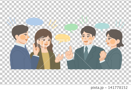 笑顔で意見交換をする、男性会社員と女性会社員のイラスト 141778152
