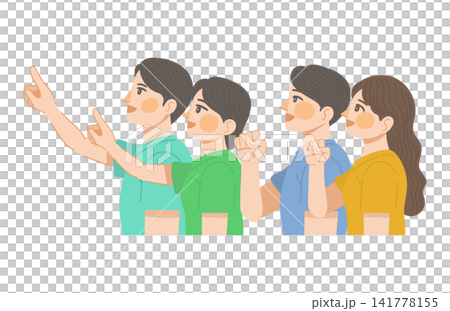 一幅插圖,描繪了一男一女面帶微笑,指著上方;另一幅插圖描繪了一男一女朝著他們所指的方向揮拳。 一幅插圖,描繪了一男一女面帶微笑,指著上方;另一幅插圖描繪了一男一女朝著他們所指的方向揮拳。 141778155