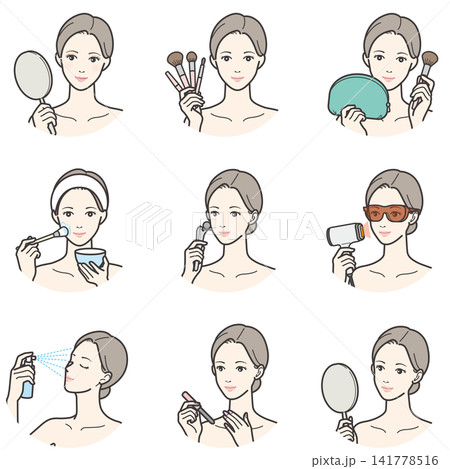 美容ツールや美顔器を使う女性のイラストセット 美容ツールや美顔器を使う女性のイラストセット 141778516