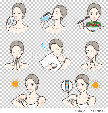 ヘルシーな生活習慣とUVケアをする女性のイラストセット 141778517