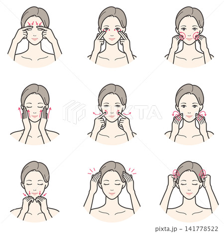 女性のツボ押しと顔・頭皮マッサージのイラストセット 女性のツボ押しと顔・頭皮マッサージのイラストセット 141778522