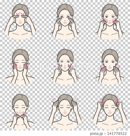 A set of illustrations for women on acupressure, facial massage, and scalp massage. A set of illustrations for women on acupressure, facial massage, and scalp massage. 141778522