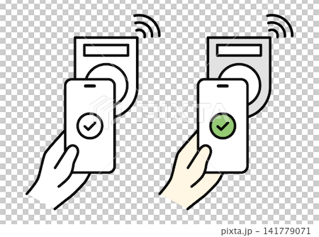 一組插圖(黑白和彩色),展示了將智慧型手機放在 NFC 支付終端上方的情況。 一組插圖(黑白和彩色),展示了將智慧型手機放在 NFC 支付終端上方的情況。 141779071