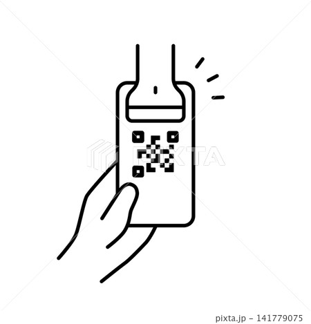 スマホのQRコードをバーコードスキャナーで読み取るイラスト(モノクロ) スマホのQRコードをバーコードスキャナーで読み取るイラスト(モノクロ) 141779075