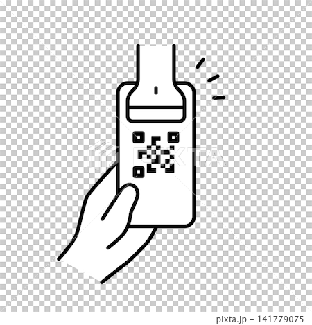 スマホのQRコードをバーコードスキャナーで読み取るイラスト(モノクロ) スマホのQRコードをバーコードスキャナーで読み取るイラスト(モノクロ) 141779075