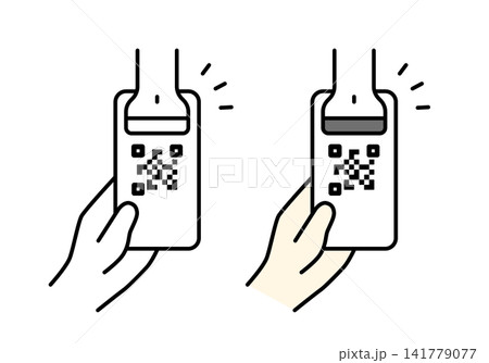 スマホのQRコードをバーコードスキャナーで読み取るイラストセット（モノクロ・カラー） 141779077