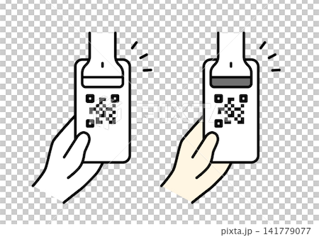 A set of illustrations (monochrome and color) showing how to scan a smartphone's QR code with a barcode scanner. A set of illustrations (monochrome and color) showing how to scan a smartphone's QR code with a barcode scanner. 141779077