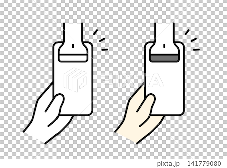 A set of illustrations (monochrome and color) showing a smartphone screen being scanned with a barcode scanner. A set of illustrations (monochrome and color) showing a smartphone screen being scanned with a barcode scanner. 141779080