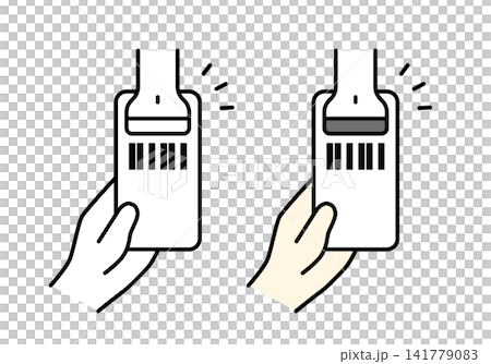 A set of illustrations (monochrome and color) showing how to scan a smartphone barcode with a barcode scanner. A set of illustrations (monochrome and color) showing how to scan a smartphone barcode with a barcode scanner. 141779083