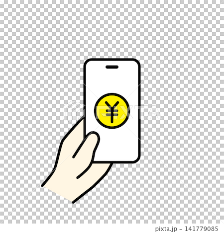 スマホ画面に円マークを表示した手持ちスマートフォンのイラスト(カラー) スマホ画面に円マークを表示した手持ちスマートフォンのイラスト(カラー) 141779085