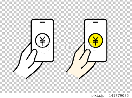 A set of illustrations (monochrome and color) of a handheld smartphone displaying a yen symbol on its screen. A set of illustrations (monochrome and color) of a handheld smartphone displaying a yen symbol on its screen. 141779086