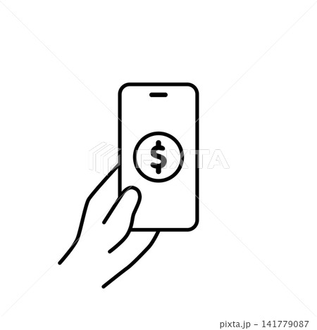 スマホ画面にドルマークを表示した手持ちスマートフォンのイラスト（モノクロ） 141779087