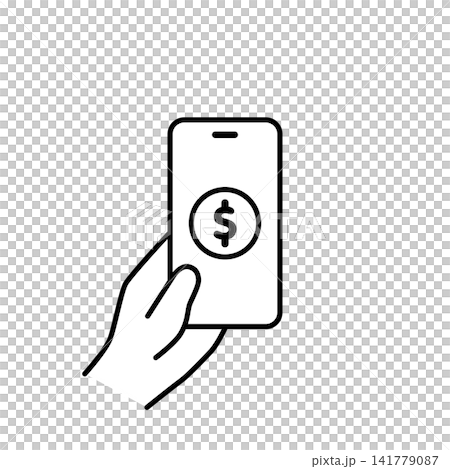 スマホ画面にドルマークを表示した手持ちスマートフォンのイラスト（モノクロ） 141779087