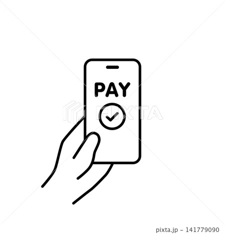 スマホ画面にPAYと完了アイコンを表示した手持ちスマートフォンのイラスト（モノクロ） 141779090